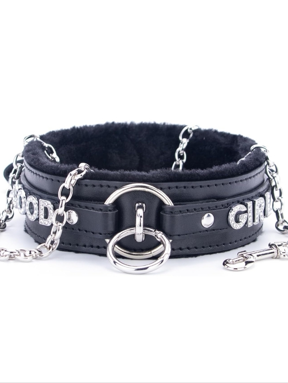 Black Faux Leather Collar with Silver Chains and 'Good Girl' Crystals